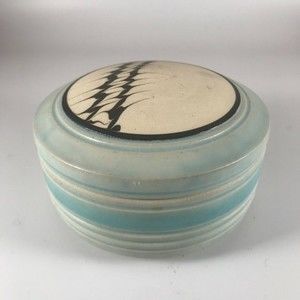 Vintage Ceramic Pottery Round Chinoiserie Box Light Blue Black Feathered Design